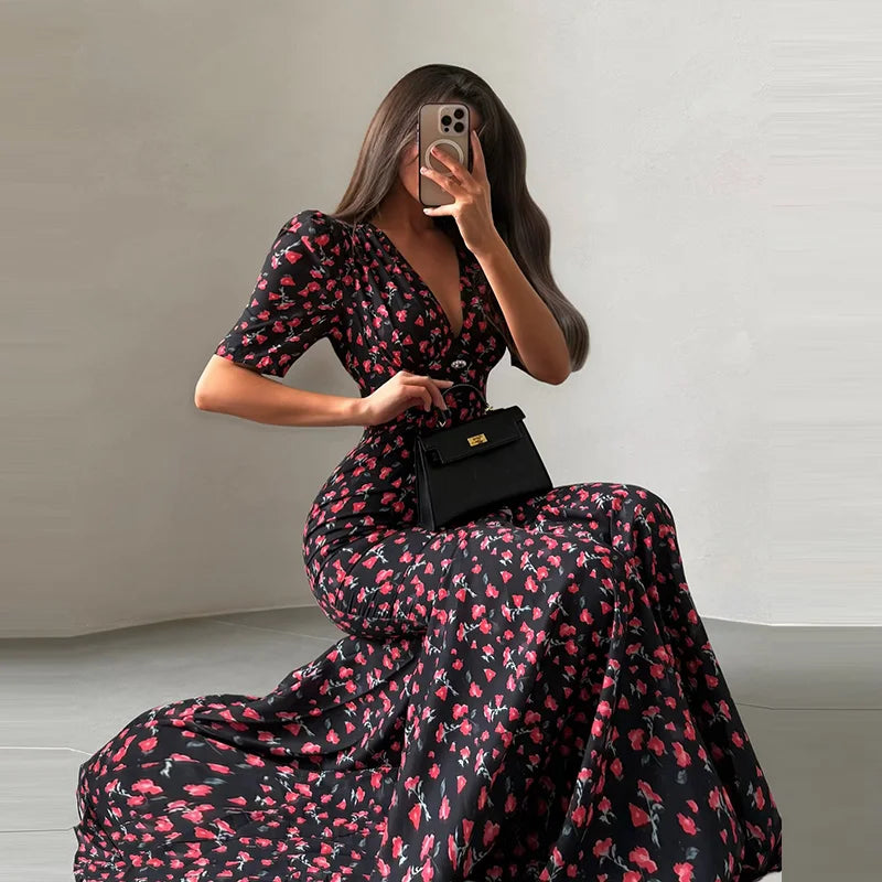 Print Chiffon Long Dress Women V Neck Half Sleeves High Waist Ruffles Belts Split Robe Female 2026 Summer Chic Vacation Dresses