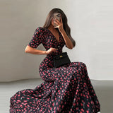 Print Chiffon Long Dress Women V Neck Half Sleeves High Waist Ruffles Belts Split Robe Female 2026 Summer Chic Vacation Dresses