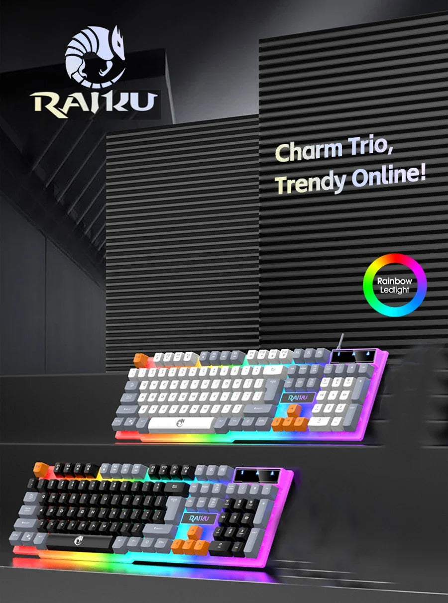 Single Keyboard and Keyboard Mouse RAIKU T26 Three Tone Luminous Keyboard Mouse Wired Mechanical Touch Gaming Mouse Keyboard Set