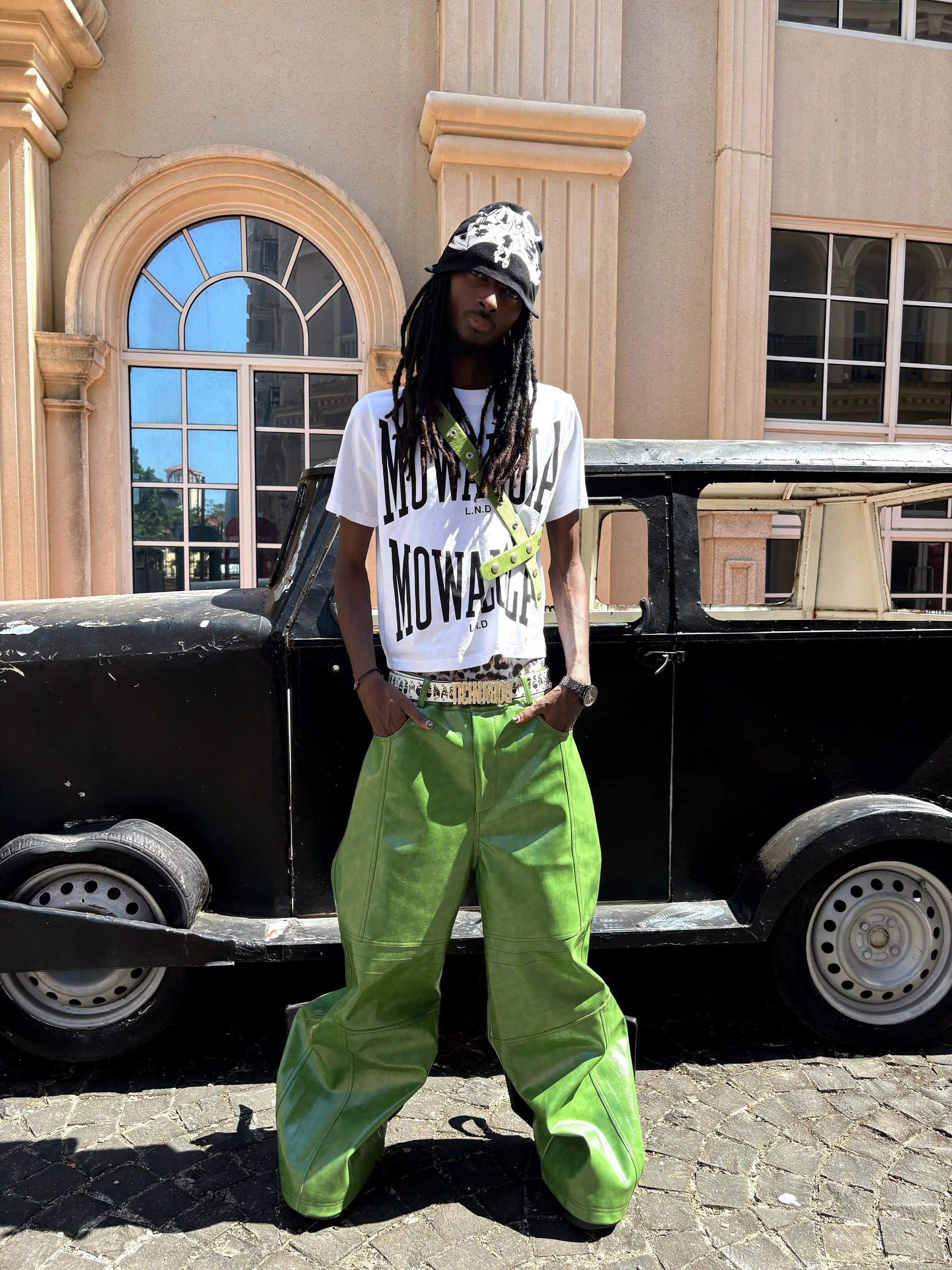 Olive Green PU Leather Wide Leg Pants — Men's Y2K Streetwear Trousers