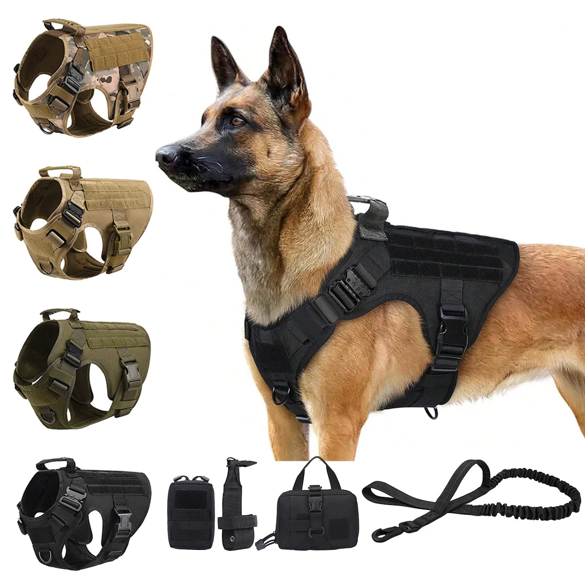 Tactical Dog Harness Set – Collar, Leash & MOLLE Pouches