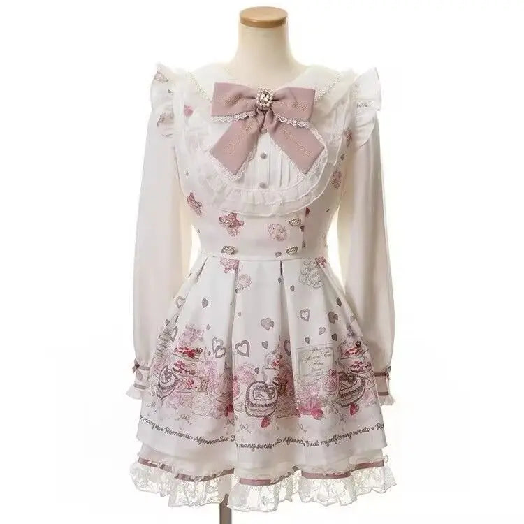Y2k Japanese Kawaii Two-Piece Sets Long Sleeve Top + Short Skirt Sweet Women Casual Cute Print Bow Patchwork 2025 New Arrival