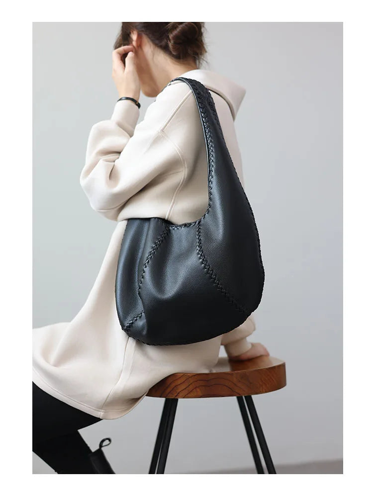 JAZZQ Soft Cowhide Leather Hobo Tote | Hand-Woven Detail