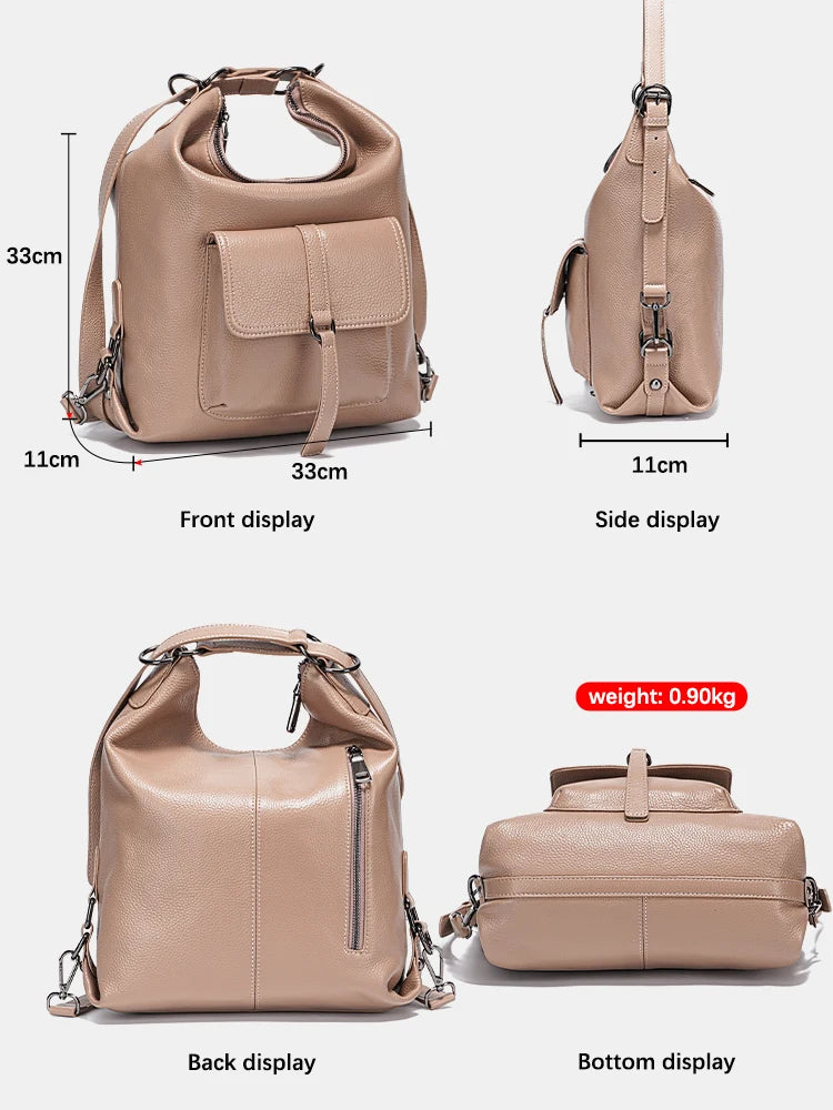 Zency Stylish Women Shoulder Bag 100% Genuine Leather Large Capacity Handbag Multifunction Satchel Bag Backpack Brown 2 in 1 Bag
