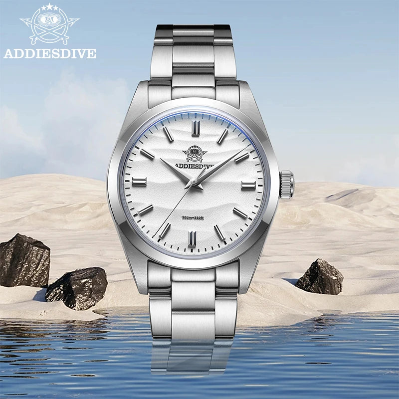 ADDIESDIVE Men's Watch 36mm Quartz Watch Diving 100m Sand Dial 316L Stainless Steel AR Bubber Glass Fashion WristWatch for Men