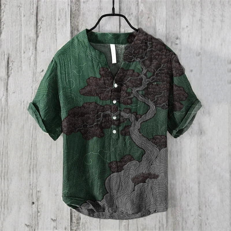 Men’s V-Neck Linen Blend Short Sleeve Shirt