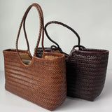 Leather woven bag, large-capacity women's tote bag, holiday leisure top layer cowhide shoulder bag, vegetable basket bag.