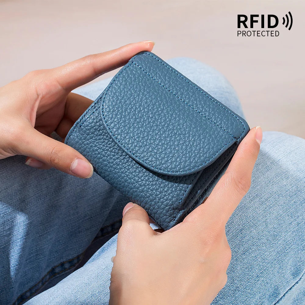 New Women Genuine Leather Mini Wallet RFID Folding Simple Ultra-thin Small Soft Cowhide Wallet Female Card Holder Coin Bags