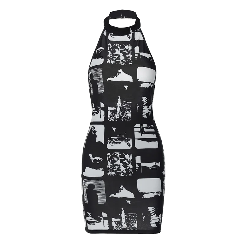 Vintage Print Halter Bodycon Mini Dress | Y2K Streetwear