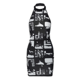 Vintage Print Halter Bodycon Mini Dress | Y2K Streetwear