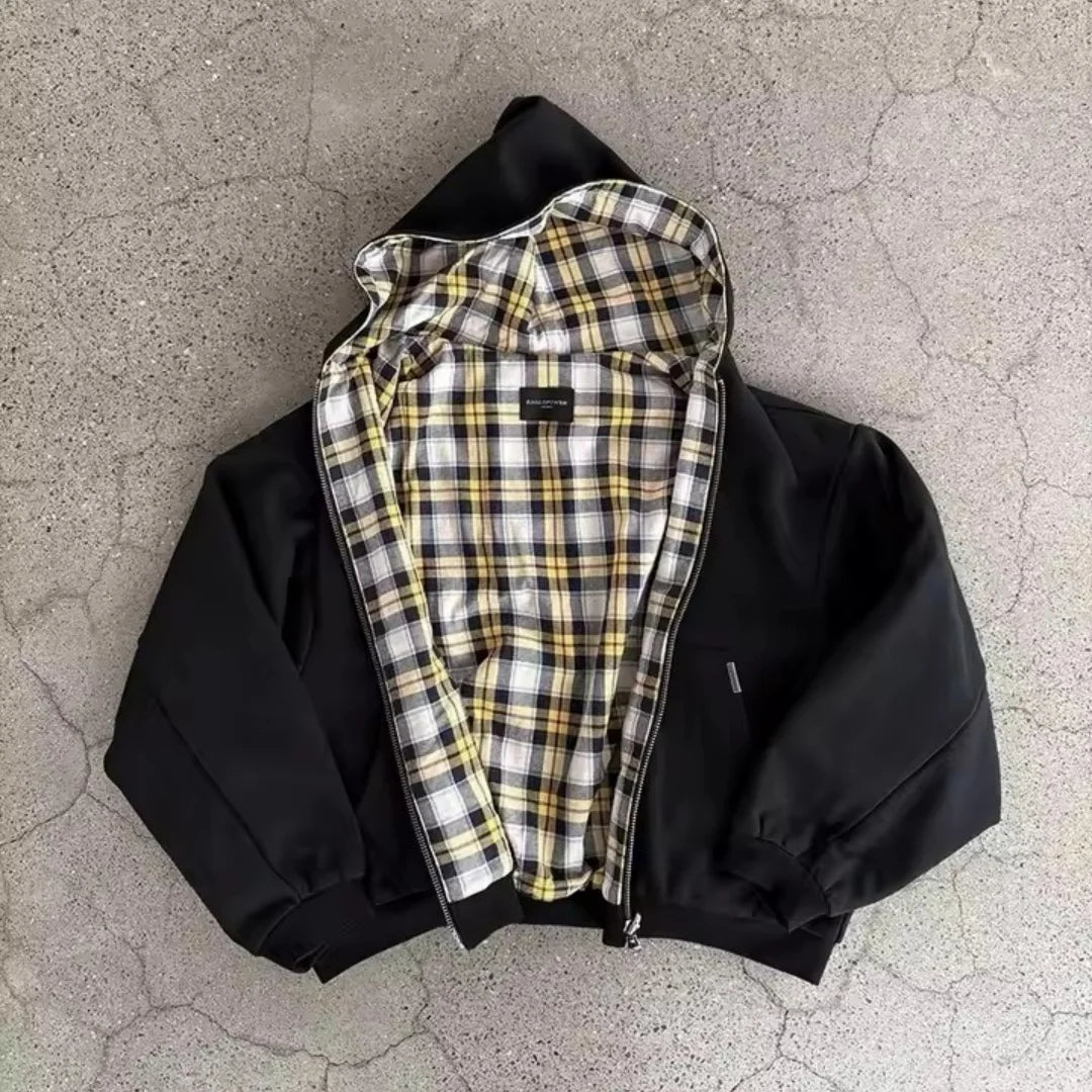 Reversible Oversized Plaid-Lined Hoodie