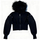 Y2K Spicy Girl Style Plush Hooded Short Zipper Sweatshirt Studded White Cropped Zip Hoodies Personality Sweet Cool Zipper Coat