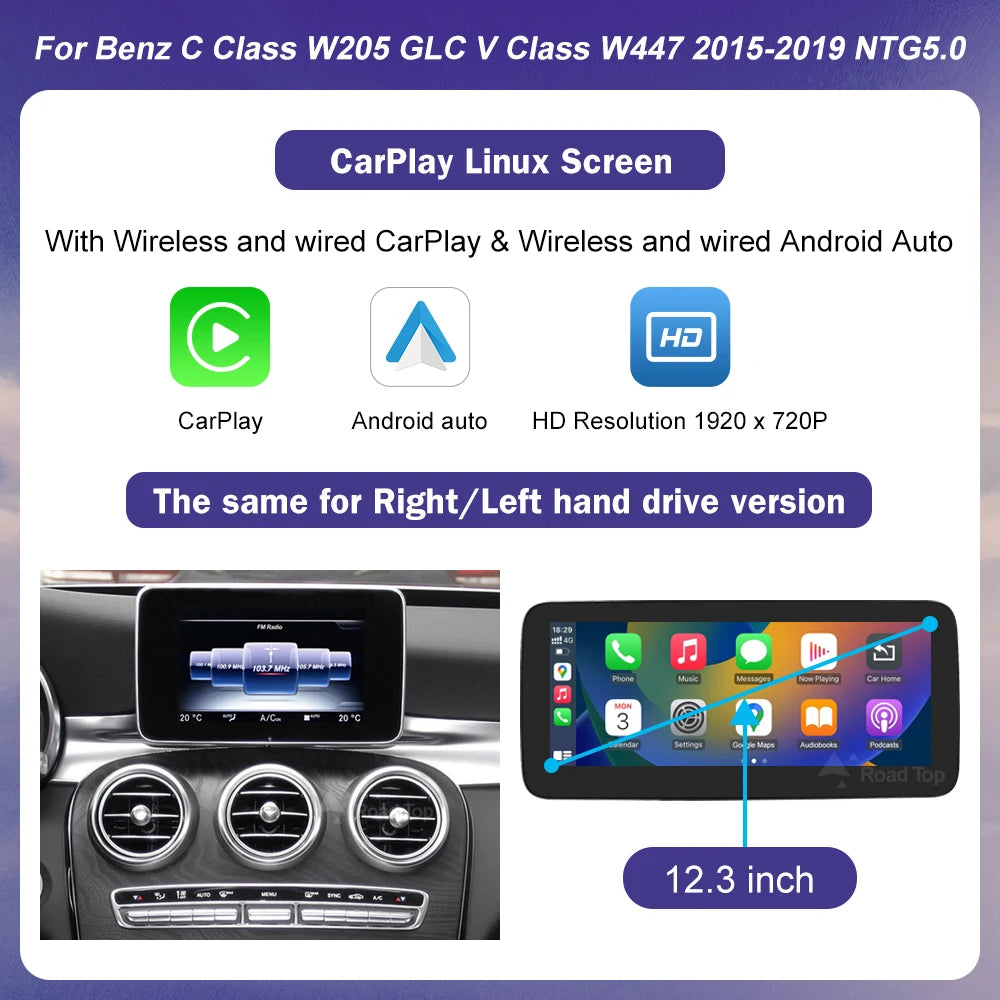 Linux CarPlay Screen for Mercedes-Benz W205 GLC V-Class | Wireless Android Auto