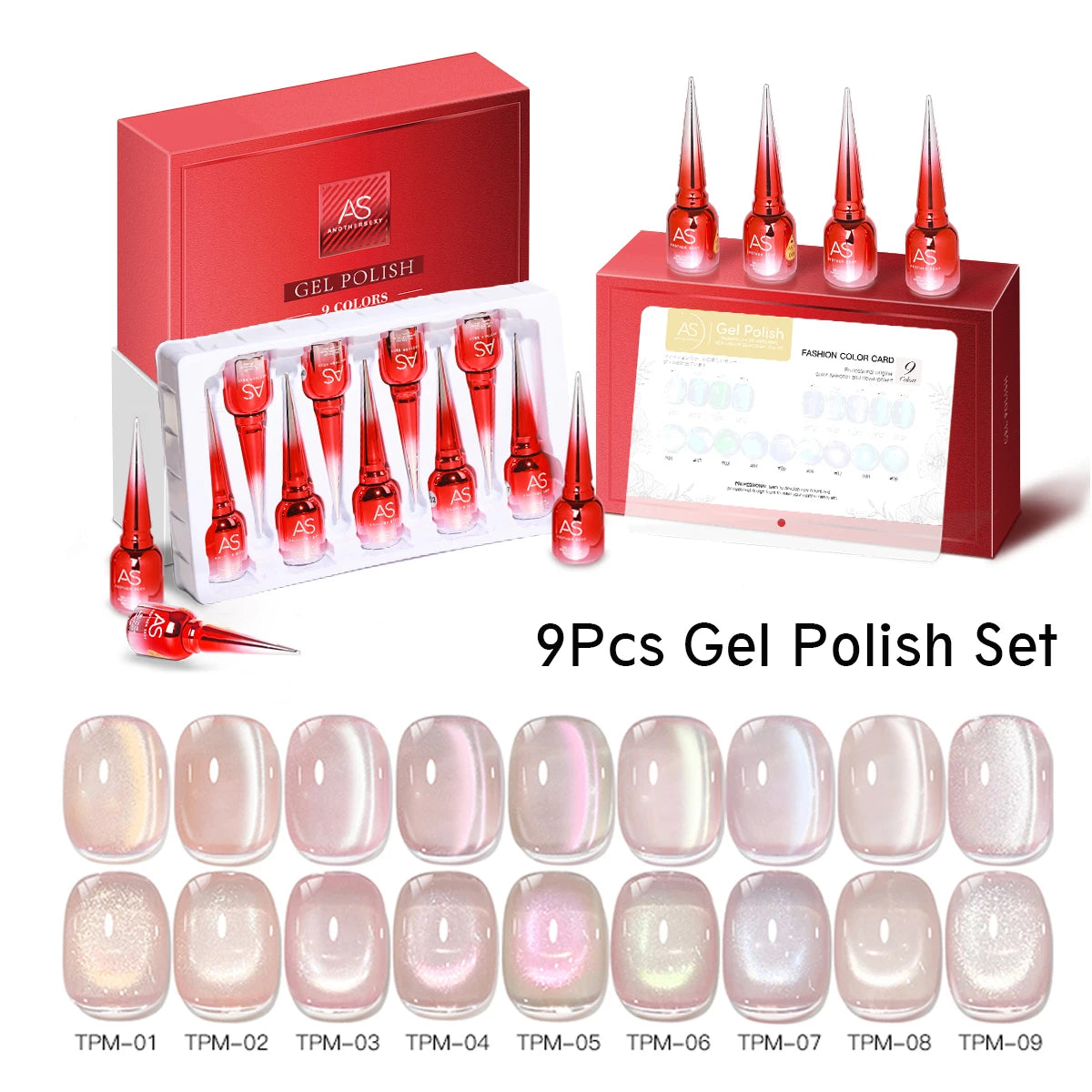 AS 9 Colors Magnetic Cat Eye Gel Nail Polish Set Jelly Pink UV LED Soak Off Gel Varnish Crystal Red Cat Gel Lacquer With Display