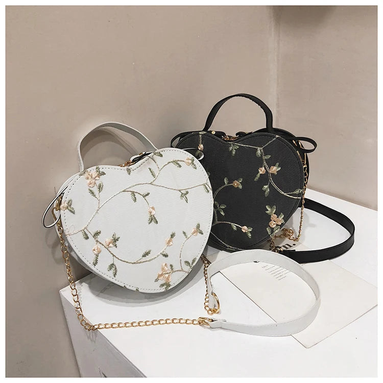 Female Sweet Lace Heart Round Handbags High Quality PU Leather Cross Body Bags for Women Small Fresh Flower Chain Shoulder Bags
