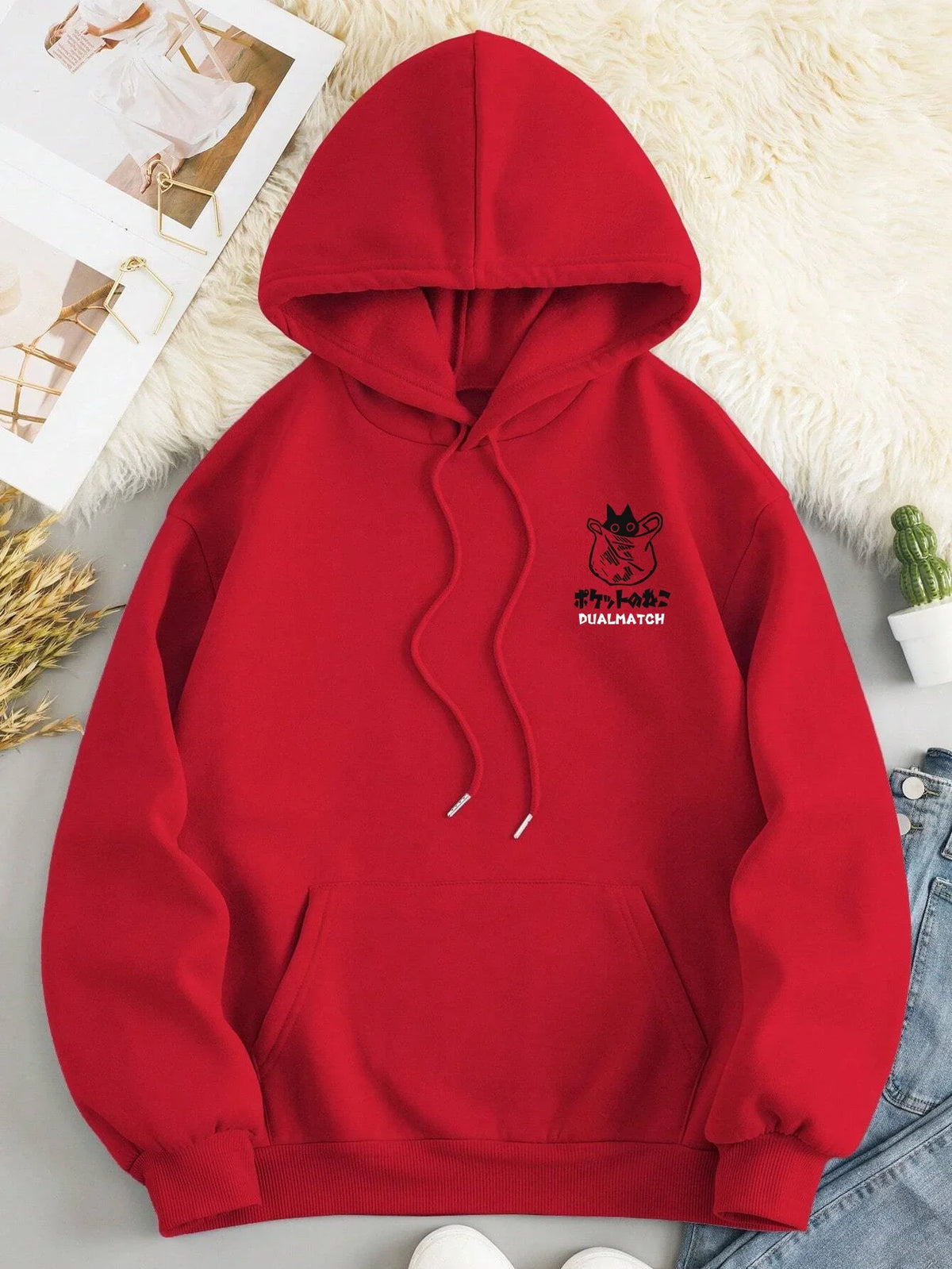 Cat Print Fleece Hoodie – Relaxed Unisex Fit