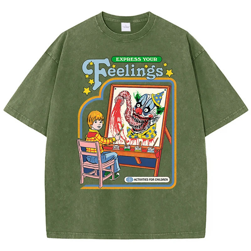 Unisex Washed Vintage Clown Graphic Cotton T-Shirt