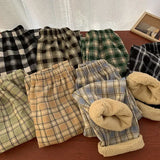 Plaid Plush Wide-Leg Trousers