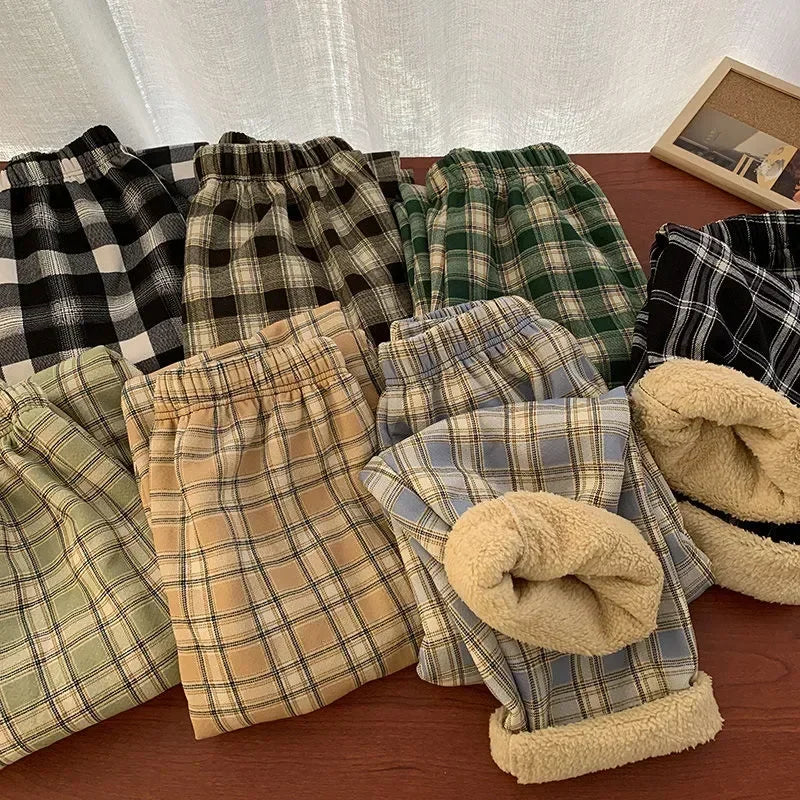 Plaid Plush Wide-Leg Trousers