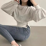 Autumn Women Solid O-Neck Slim Crop Top Lantern Sleeve With Button  Sweat Casual Hip-Hop Sporty Pullover Sweet Chic Street Wear