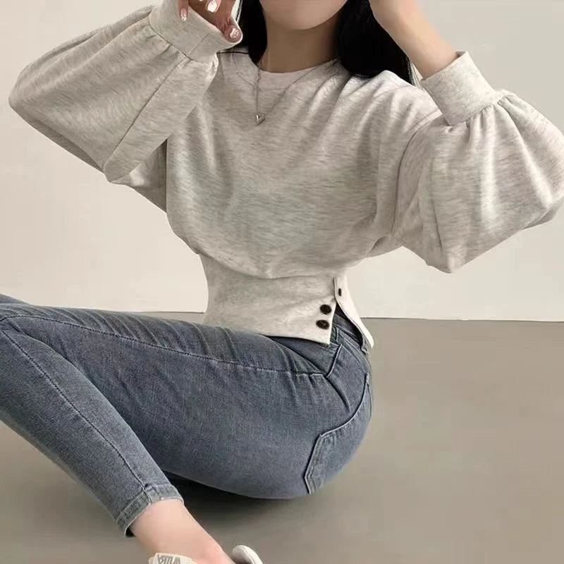 Autumn Women Solid O-Neck Slim Crop Top Lantern Sleeve With Button  Sweat Casual Hip-Hop Sporty Pullover Sweet Chic Street Wear