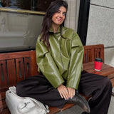 Pu Leather Jacket Skirt Sets Stand Collar Loose Coat Low Waist Solid Long Skirt Autumn Coats Skirt Sets 2025 New Lady Outfits