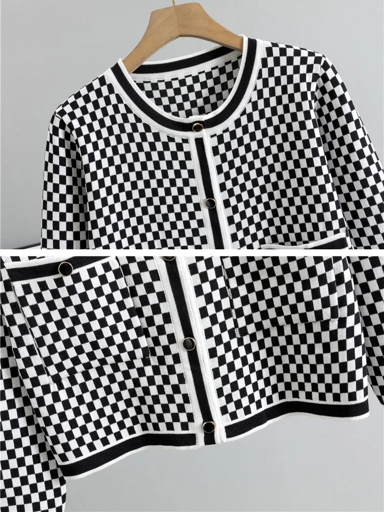 Women's Plaid Knit 2-Piece Set: Button-Down Cardigan & High-Waist Wide Leg Pants