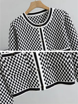 Women's Plaid Knit 2-Piece Set: Button-Down Cardigan & High-Waist Wide Leg Pants