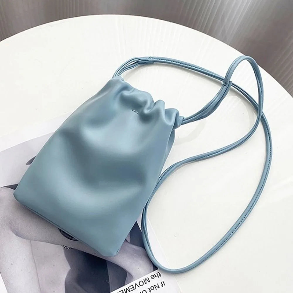 Portable Pu Leather Women Handbags Solid Flap Large Capacity Crossbody Bags Candy Color Mini Bucket Bag