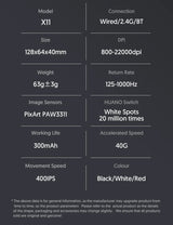 ATTACK SHARK X11 Intelligent Low Power Mouse Wireless 1000Hz PAW3311 Sensor 22000DPI and HUANO 20M Switches for Gaming Mouse