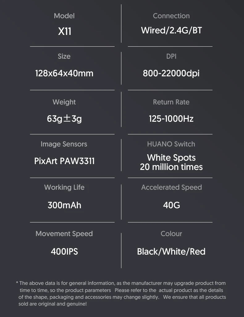 ATTACK SHARK X11 Intelligent Low Power Mouse Wireless 1000Hz PAW3311 Sensor 22000DPI and HUANO 20M Switches for Gaming Mouse