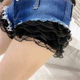 Women's Y2K Low-Waist Lace Denim Shorts - Sweet & Spicy Style