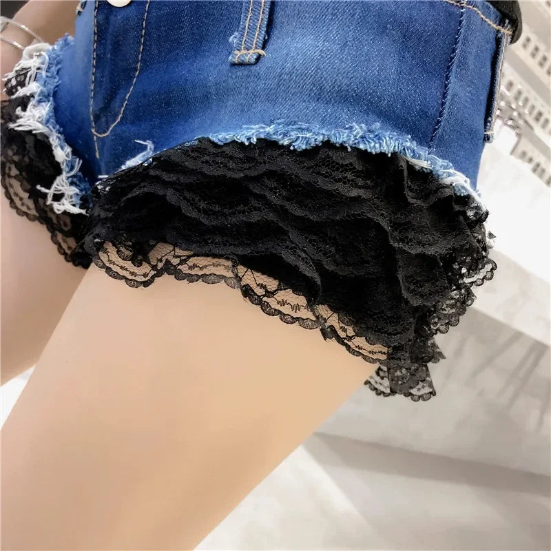 Women's Y2K Low-Waist Lace Denim Shorts - Sweet & Spicy Style