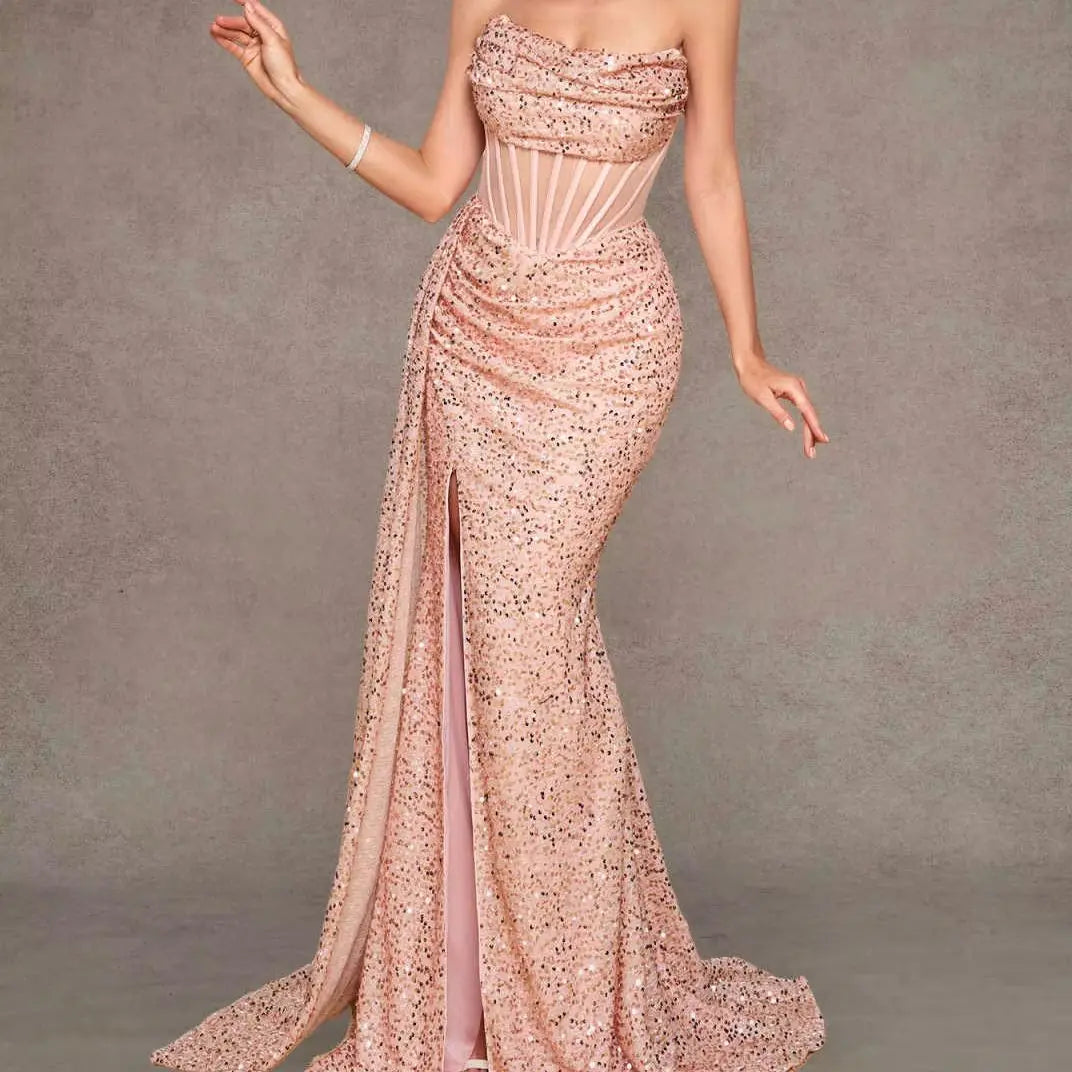 Rose Gold Sequin Strapless Mermaid Evening Gown