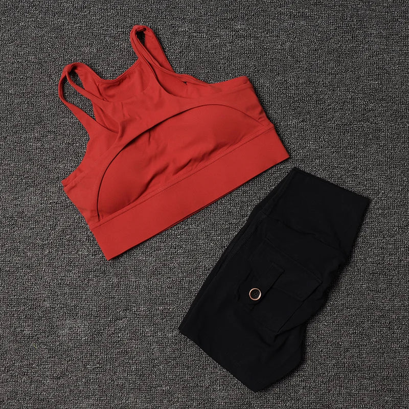 Fitness Shorts Yoga Sets Women's Tracksuit High Waist Sportswear Bra Workout Leggings Cycling Gym Shorts Sports Suit With Pocket