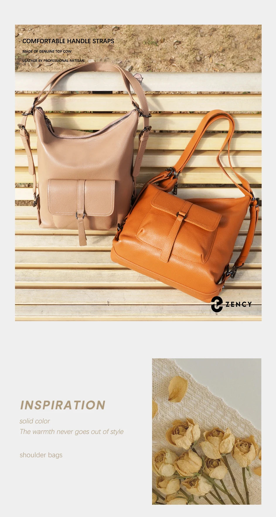 Zency Stylish Women Shoulder Bag 100% Genuine Leather Large Capacity Handbag Multifunction Satchel Bag Backpack Brown 2 in 1 Bag