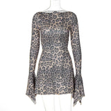 Leopard Print Backless Lace-Up Flare Sleeve Mini Dress