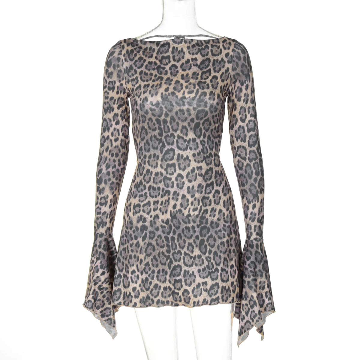 Leopard Print Backless Lace-Up Flare Sleeve Mini Dress