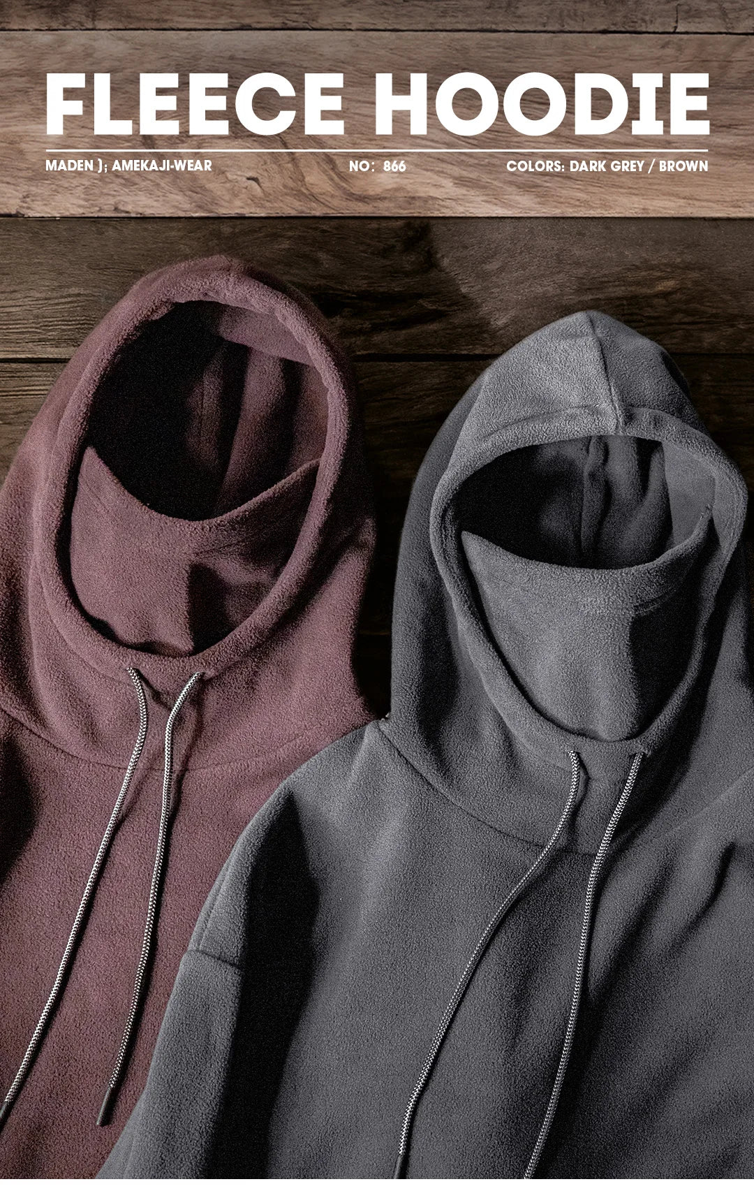Maden Men's Polar Fleece Hoodie with Built-In Face Mask