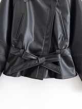 HH Women Vintage Motorcycle Jacket With Belt Faux Leather Trench Coat Long Sleeve Lapel Zipper Jacket Autumn High Street Outwear