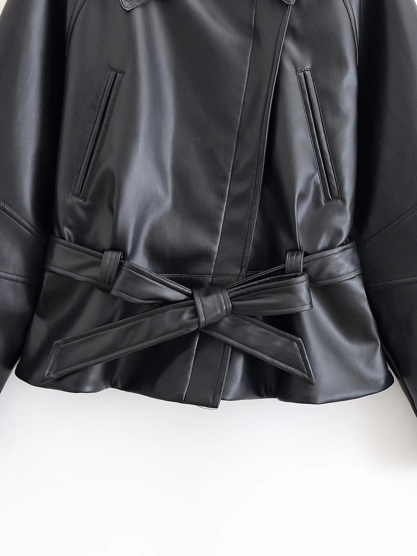 HH Women Vintage Motorcycle Jacket With Belt Faux Leather Trench Coat Long Sleeve Lapel Zipper Jacket Autumn High Street Outwear
