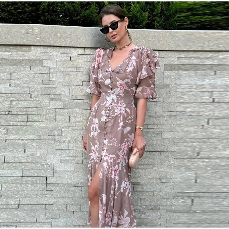 Print Chiffon Long Dress Women V Neck Half Sleeves High Waist Ruffles Belts Split Robe Female 2026 Summer Chic Vacation Dresses