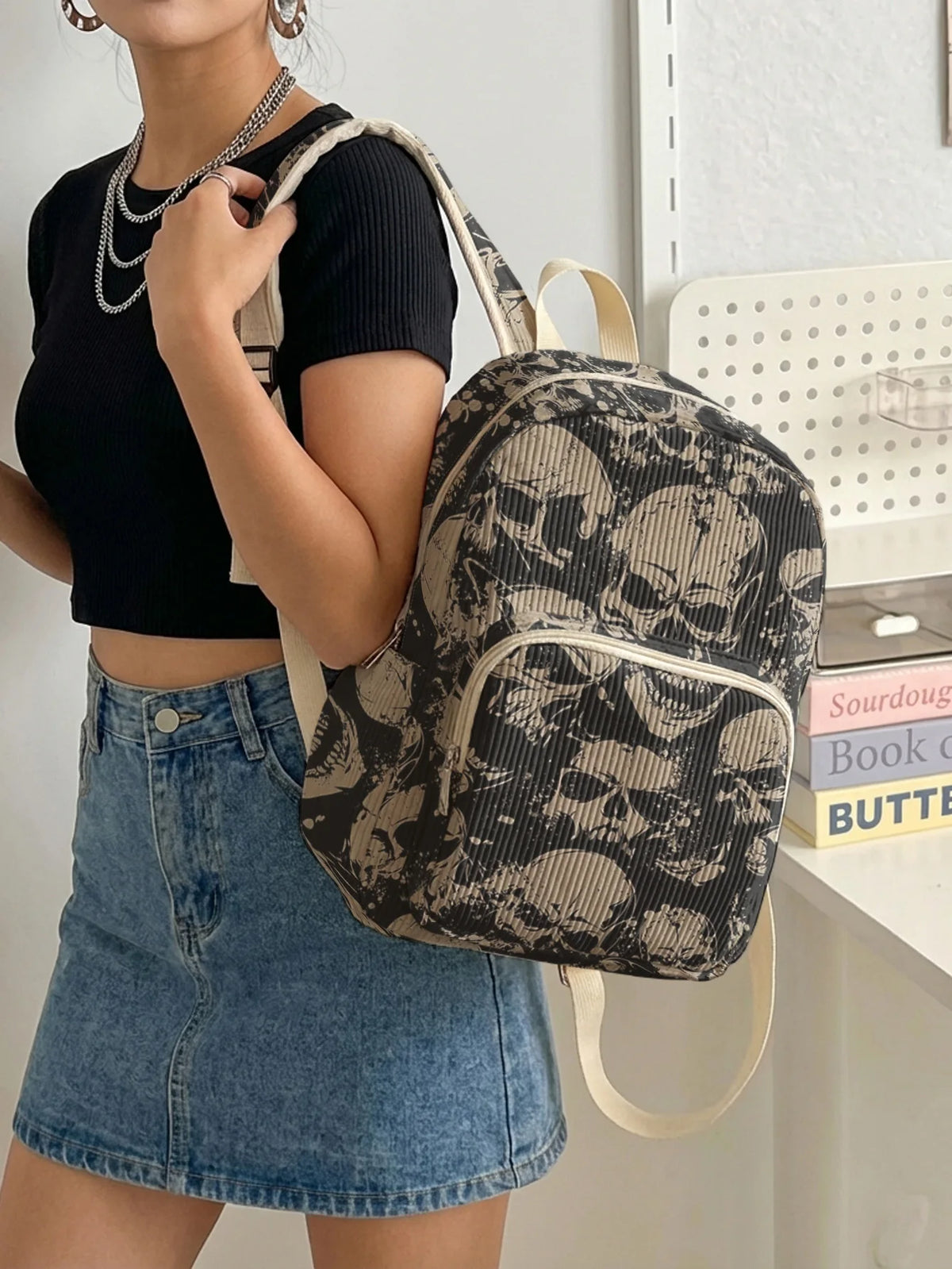 Gothic Skull Allover Print Women Fashion Backpack Corduroy Multi-pocket Large Capacity Commuter Bag