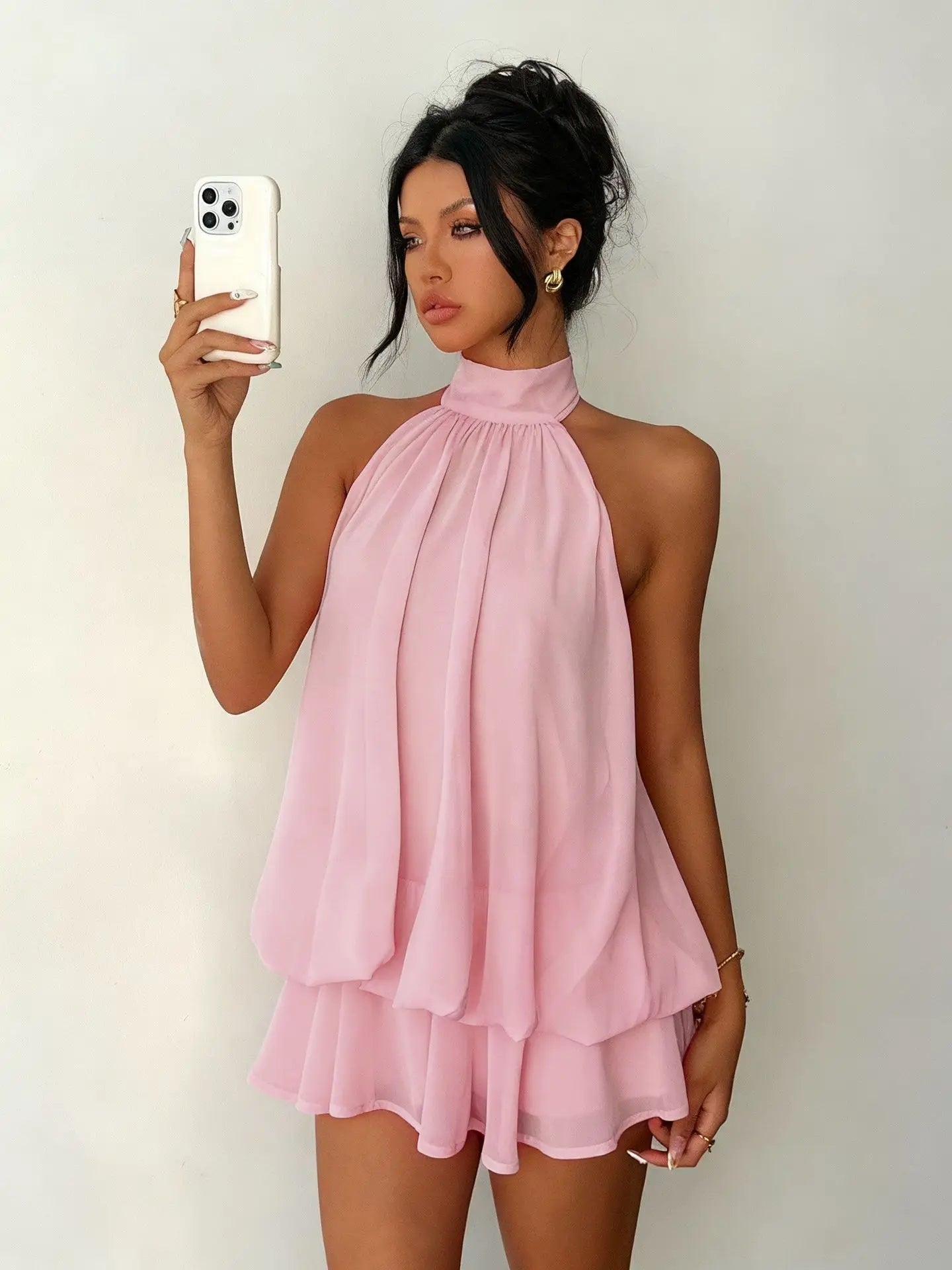 Women's High-Neck Sleeveless Layered Chiffon Mini Dress
