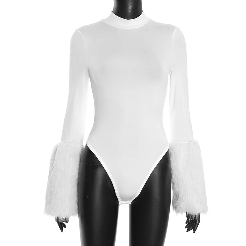 FAGADOER Winter New Sexy Fur Patchwork 2 Pieces Set for Woman Outfits Long Sleeves Bodycon Playsuits + Shorts Female Streetwear