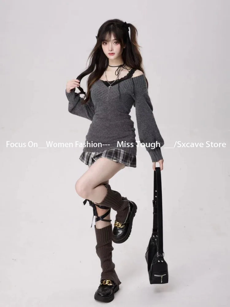 Knitted Suits Autumn Winter Woman V-neck French Vintage Long Sleeve Pullovers Knitwears 2000s Aesthetic Korean Sweater Sets Y2k