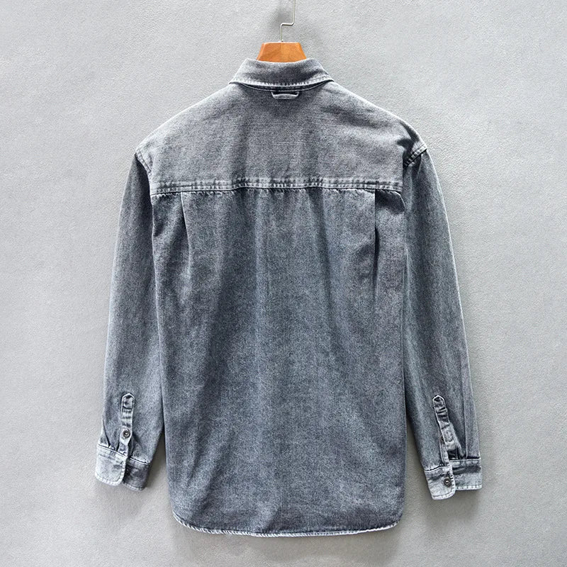 Retro American Washed Denim Jacket Loose Casual Long Sleeve Shirt for Men Autumn Fashion Urban Style Cotton Machine Washable