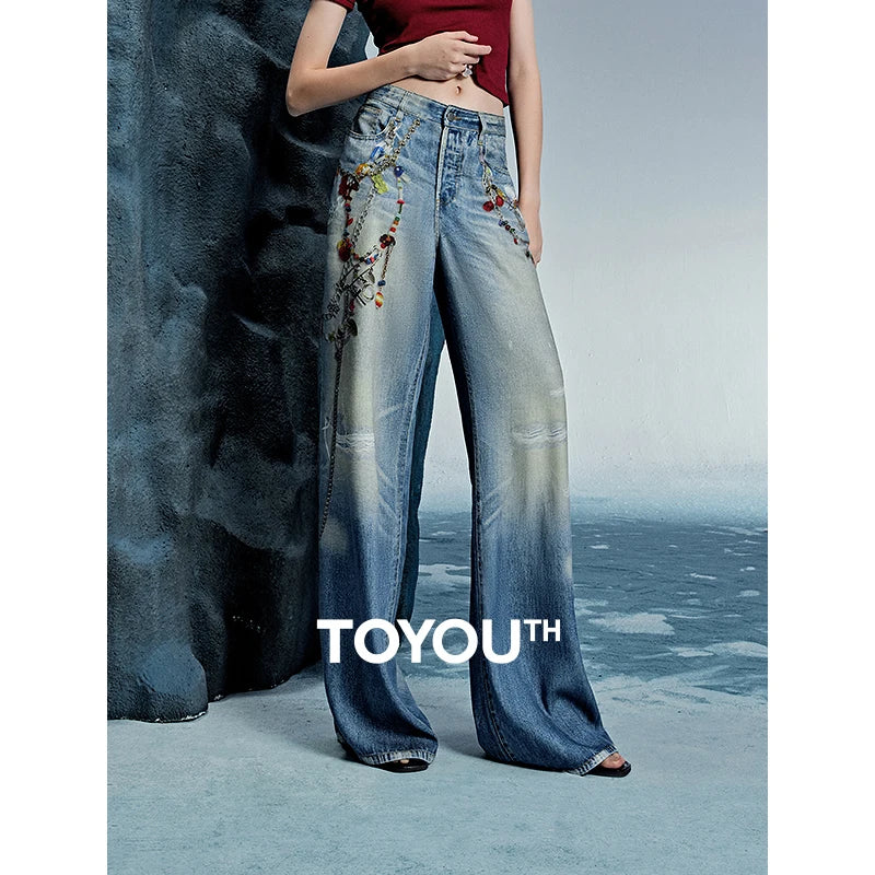 TOYOUTH Women Denim Jean 2025 Spring New Long Pants 8518053