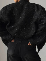 Suninheart Women's Sequined Bomber Jacket Fall O Neck Long Sleeve Pocket Stretch Hem Sequins Jacket Coat Female Chic Outerwear