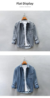 Retro American Washed Denim Jacket Loose Casual Long Sleeve Shirt for Men Autumn Fashion Urban Style Cotton Machine Washable